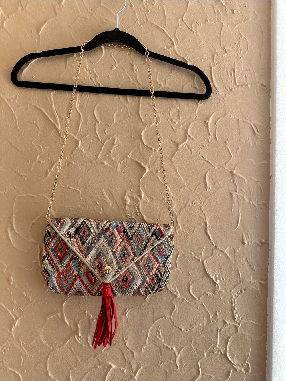 Anthropology Multicolor Geometric Crossbody Bag with Red Tassel